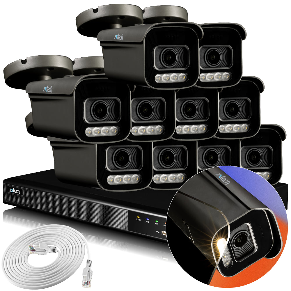 Zxtech 4K CCTV System - 10 x IP PoE Cameras Motorised Lens Face Detection Outdoor Sony Starvis Enhanced Night Vision | RX10H16X