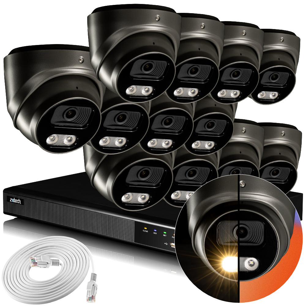 Zxtech 4K CCTV System - 12 x IP PoE Cameras Audio Recording Face Detection Outdoor Sony Starvis | RX12E16X
