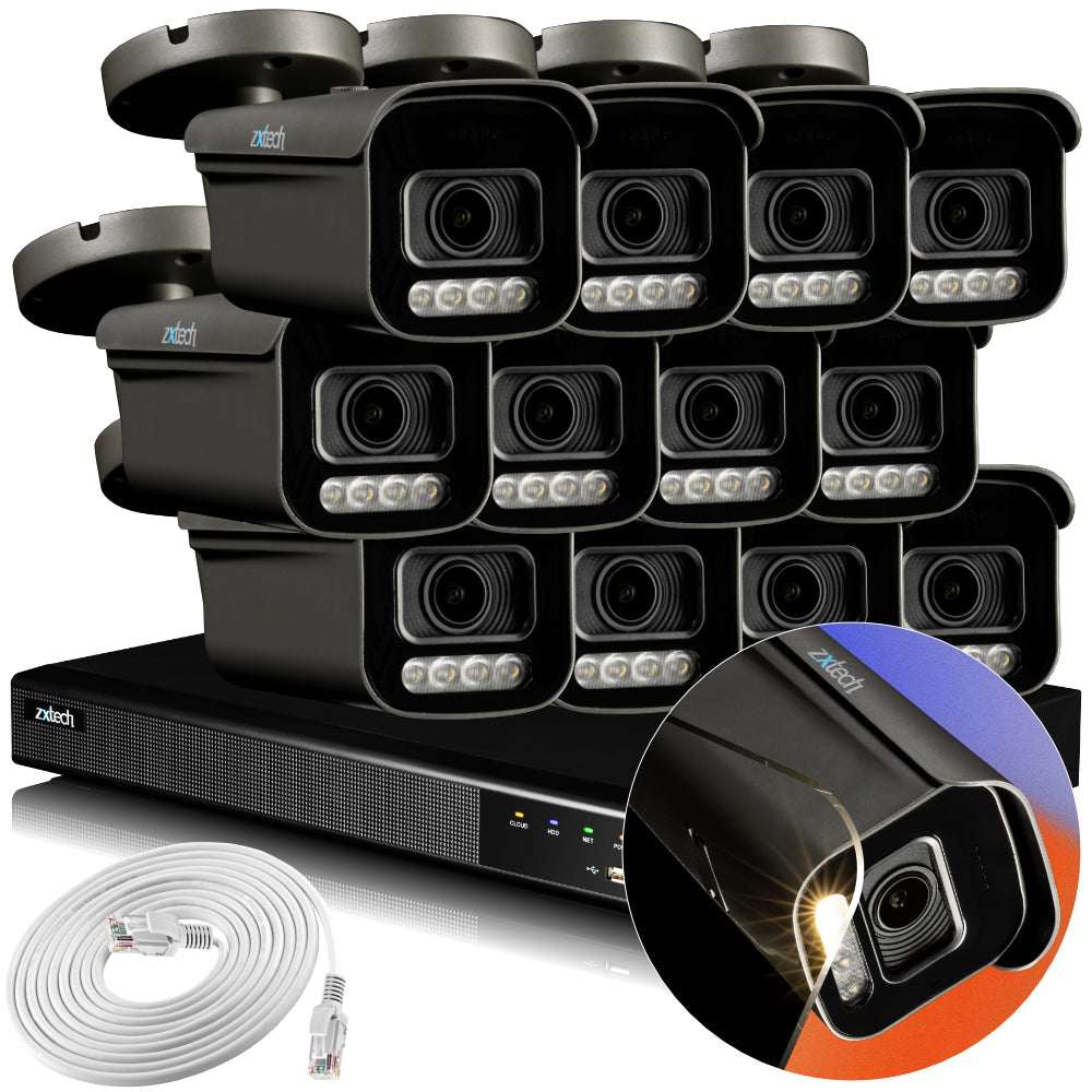 Zxtech 4K CCTV System - 12 x IP PoE Cameras Motorised Lens Face Detection Outdoor Sony Starvis Enhanced Night Vision | RX12H16X