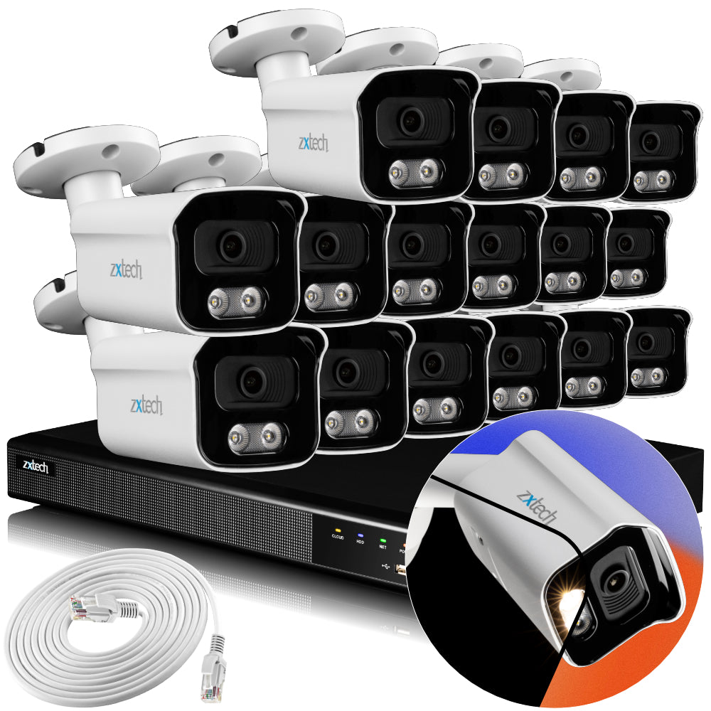 Zxtech 4K CCTV System - 16 x IP PoE Cameras Audio Recording Face Detection Outdoor Sony Starvis | RX16B16X