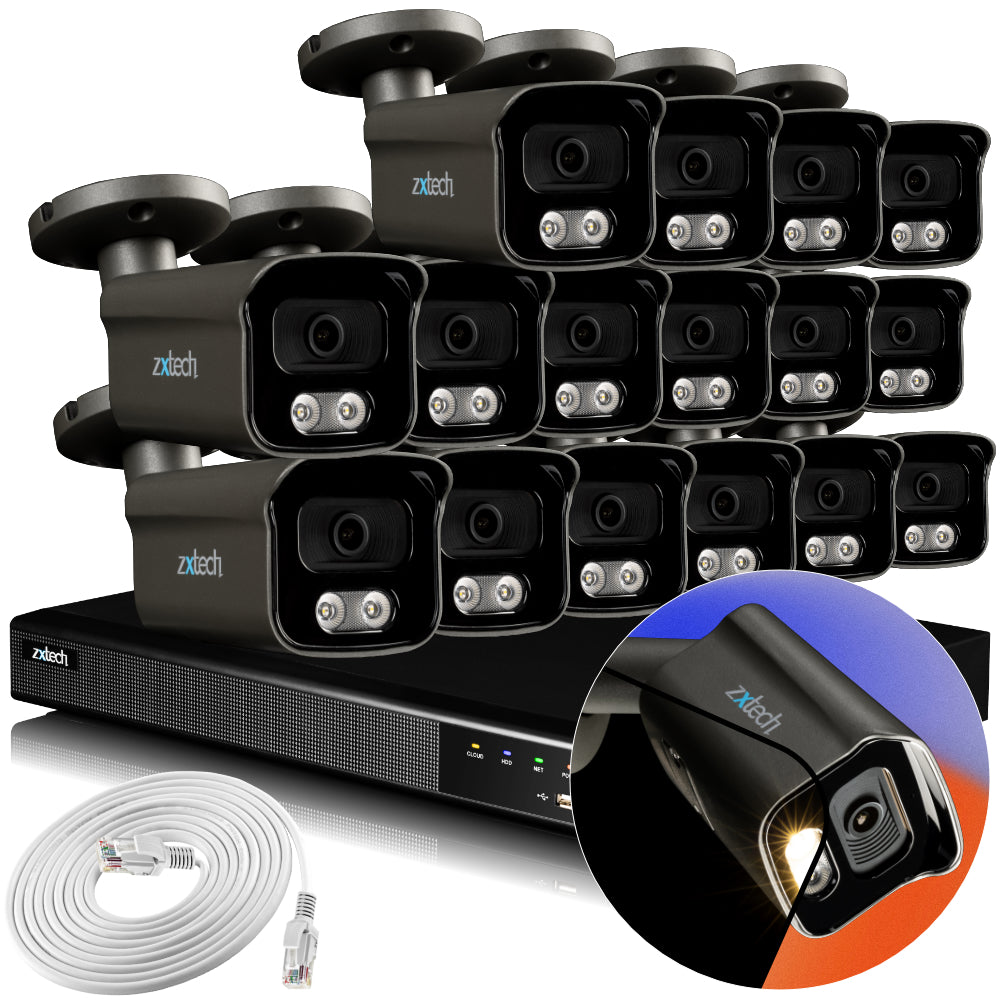 Zxtech 4K CCTV System - 16 x IP PoE Cameras Audio Recording Face Detection Outdoor Sony Starvis | RX16F16X