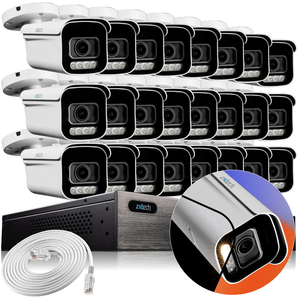 Zxtech 4K CCTV System - 24 x IP PoE Cameras Motorised Lens Face Detection Outdoor Sony Starvis Enhanced Night Vision | RX24D24W