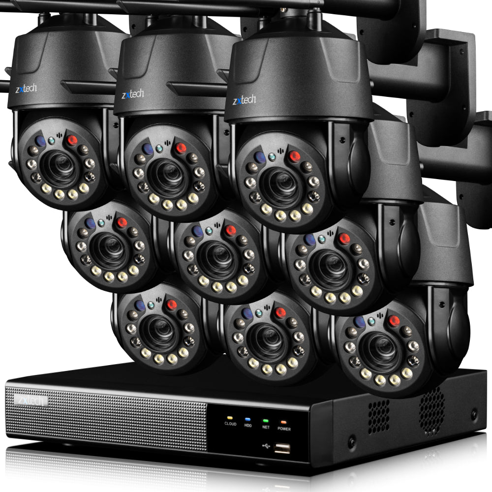 Zxtech 5MP/4K Wireless PTZ CCTV System - 9 x WiFi Security Camera 5X/10X/20X Auto Zoom Colour Night Vision Outdoor 2-Way-Audio 9CH Sony Starvis