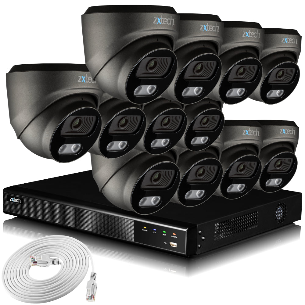 Zxtech 4K CCTV System - 12 x IP PoE Cameras Audio Recording Face Detection Outdoor Sony Starvis | RX12E16X