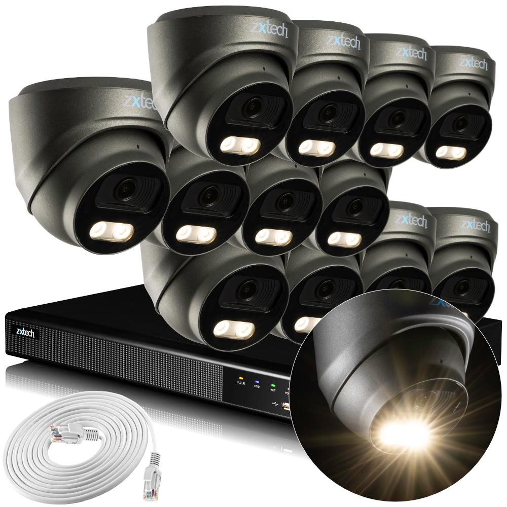 Zxtech 4K CCTV System - 12 x IP PoE Cameras Audio Recording Face Detection Outdoor Sony Starvis | RX12E16X