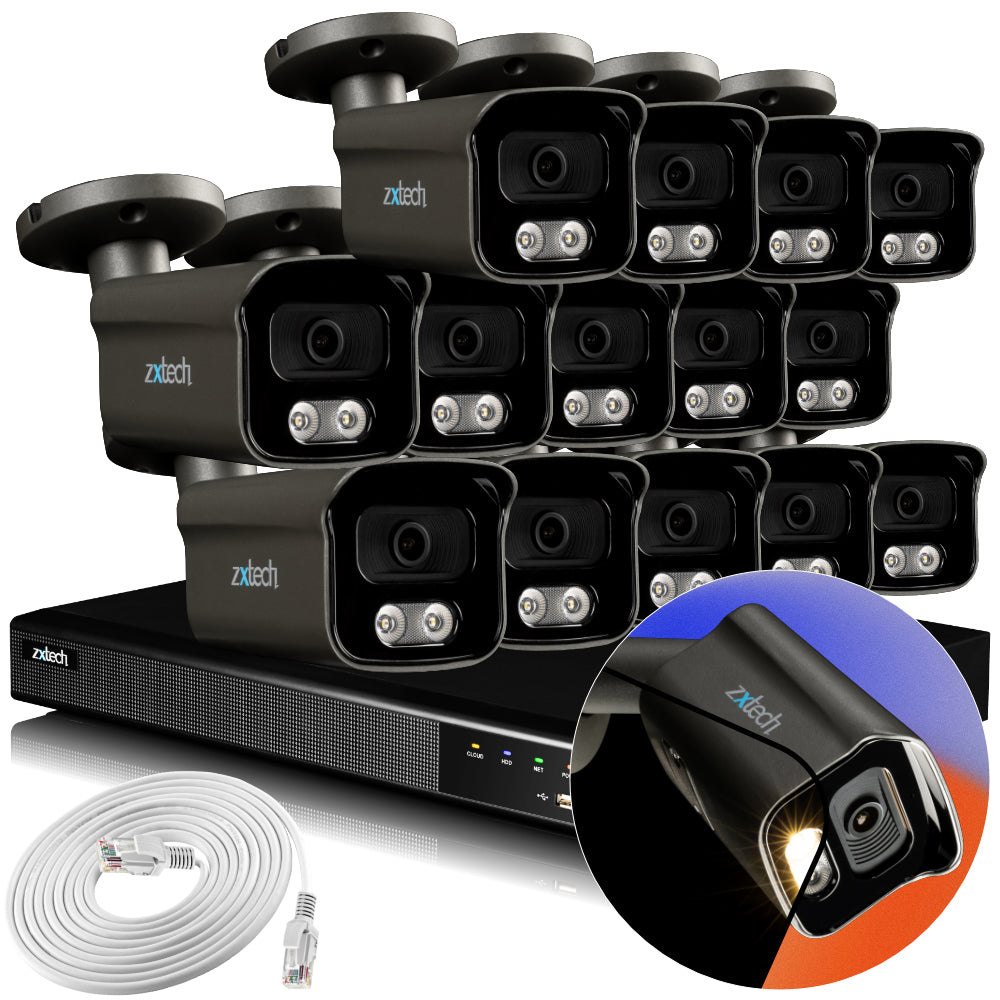 Zxtech 4K CCTV System - 14 x IP PoE Cameras Audio Recording Face Detection Outdoor Sony Starvis  | RX14F16X