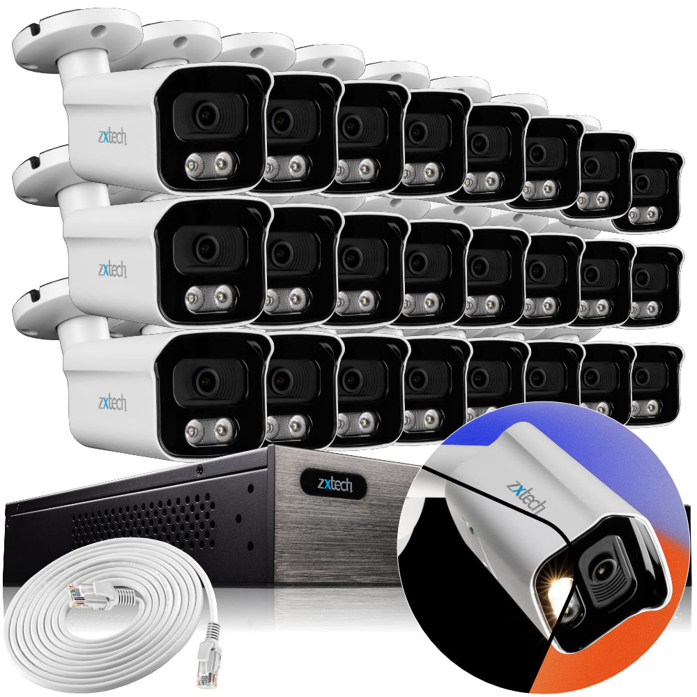 Zxtech 4K CCTV System - 24 x IP PoE Cameras Audio Recording Face Detection Outdoor Sony Starvis  | RX24B24W