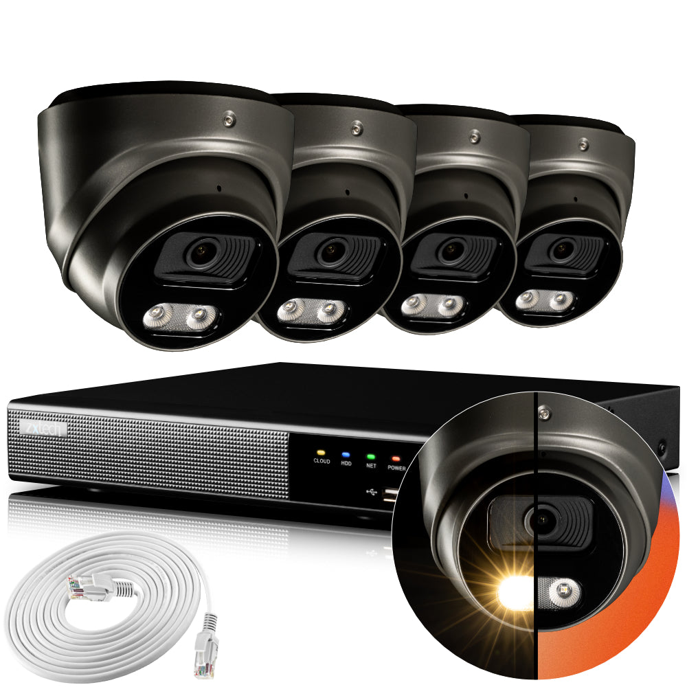 Zxtech 4K CCTV System - 4 x IP PoE Cameras Audio Recording Face Detection Outdoor Sony Starvis  | RX4E4Z
