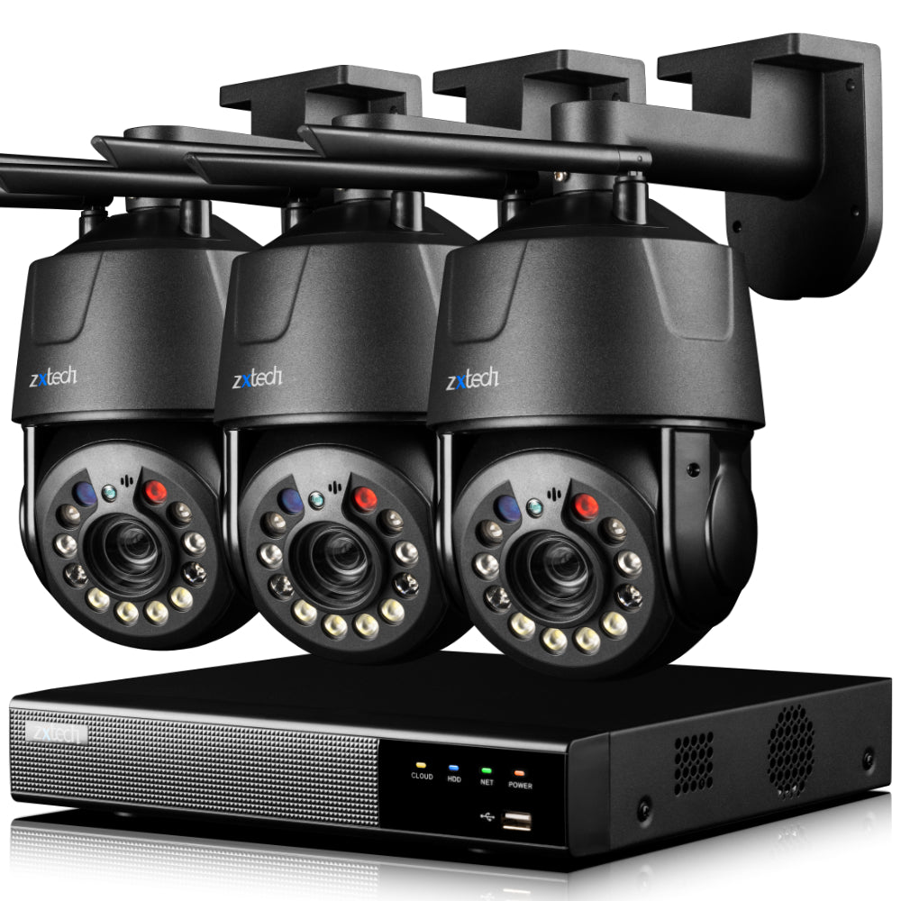 Zxtech 5MP/4K Wireless PTZ CCTV System  - 3 x WiFi Security Camera 5X/10X/20X Auto Zoom Colour Night Vision Outdoor 2-Way-Audio 9CH Sony Starvis