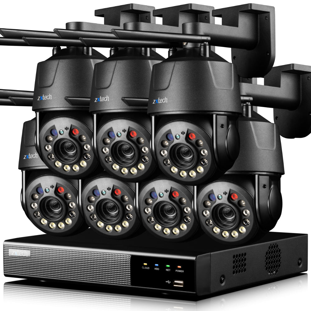 Zxtech 5MP/4K Wireless PTZ CCTV System  - 7 x WiFi Security Camera 5X/10X/20X Auto Zoom Colour Night Vision Outdoor 2-Way-Audio 9CH Sony Starvis