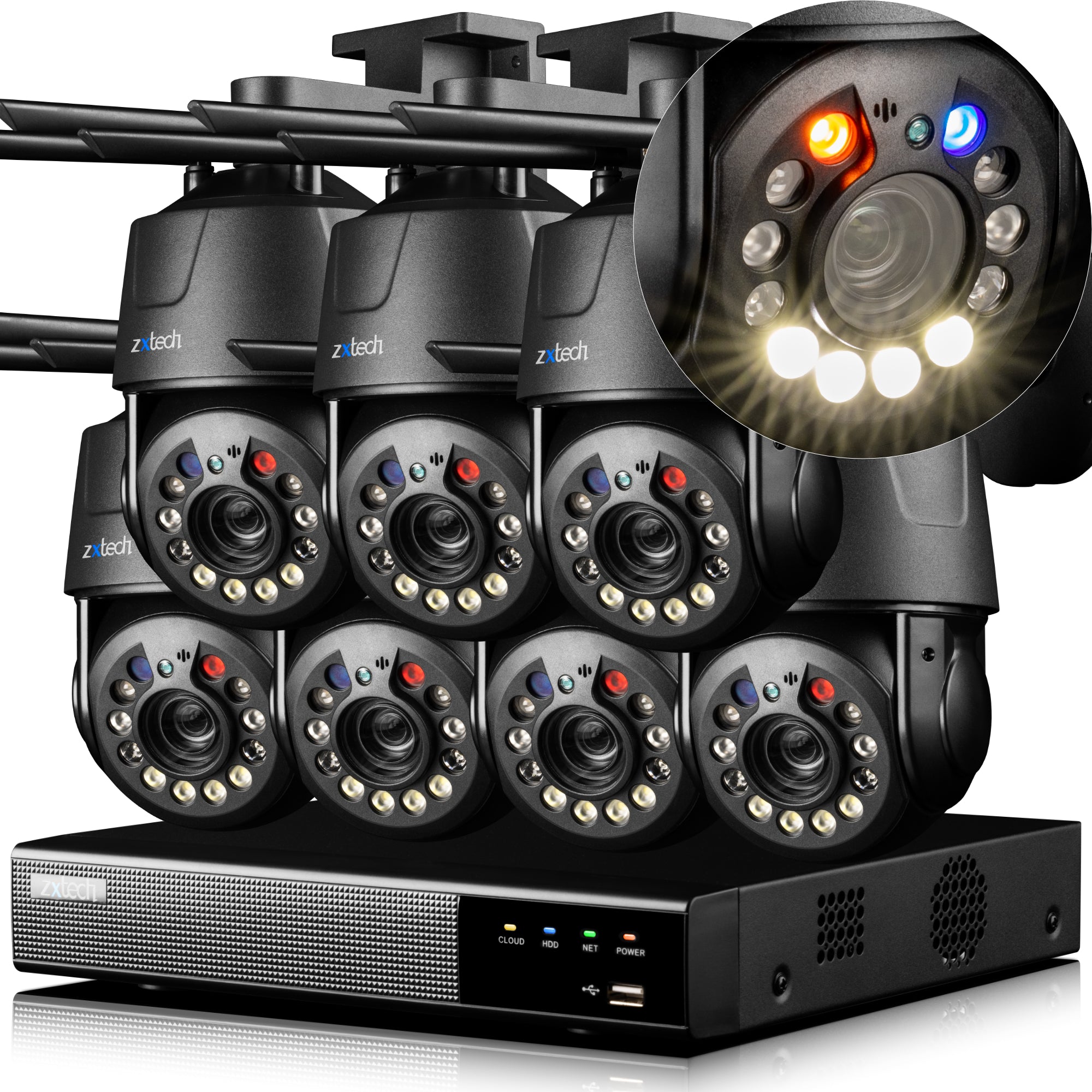 Zxtech 4K Wireless PTZ CCTV System  - 7 x WiFi Security Camera 5X/10X/20X Auto Zoom Colour Night Vision Outdoor 2-Way-Audio 9CH Sony Starvis