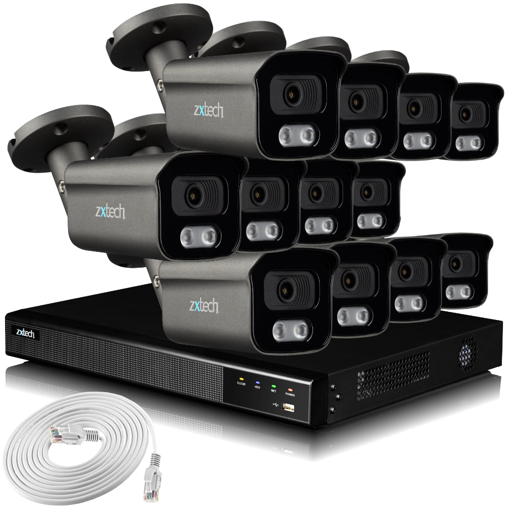 Zxtech 4K CCTV System - 12 x IP PoE Cameras Audio Recording Face Detection Outdoor Sony Starvis  | RX12F16X