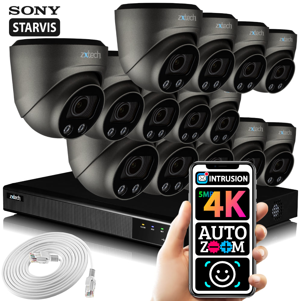 Zxtech 14 x 5MP 8MP Auto Zoom PoE CCTV Camera Face Recognition Home CCTV Kit RX14G16X