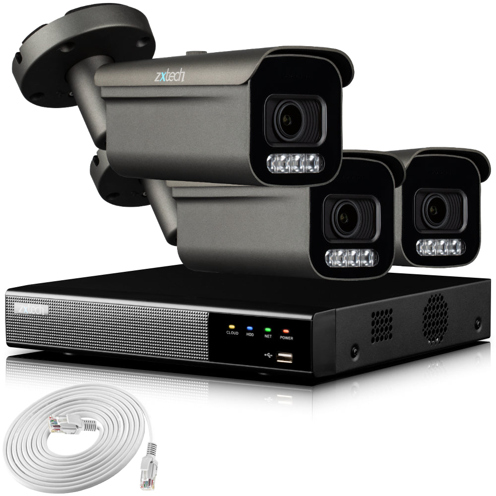 Zxtech 4K CCTV System - 3 x IP PoE Cameras Motorised Lens Face Detection Outdoor Sony Starvis Enhanced Night Vision  | RX3H4Z